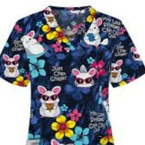 V-neck Nursing Medical Scrub Top w/ Pockets CHIN CHILL OUT Theme Sz 2xL
